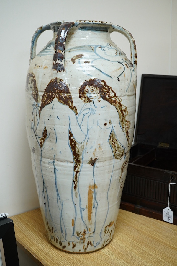 Seth Cardew (1934-2016), a tall Wenford Bridge Stoneware vase, painted with a running band of standing naked female figures holding hands, the outer rim with impressed mark, 67cm high. Condition - fair, shallow chip to b